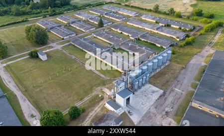 Fotografia con drone di una vecchia fabbrica di polli al coperto durante il giorno nuvoloso estivo Foto Stock