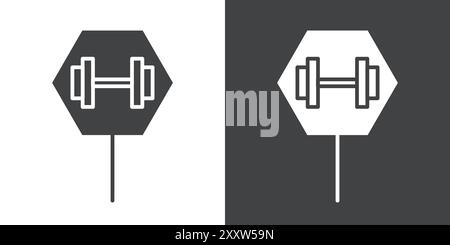 Palestra, centro fitness Icon Flat, con contorno vettoriale in bianco e nero Illustrazione Vettoriale