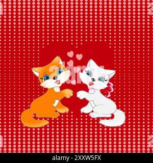 Due gattini su sfondo rosso con puntini di cuori, motivo senza cuciture. Illustrazione Vettoriale