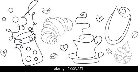 Etichetta della linea del caffè. Schizzo di tazza, dessert, fagioli aromatici. Illustrazione vettoriale del design astratto di prodotti da forno e caffè Illustrazione Vettoriale