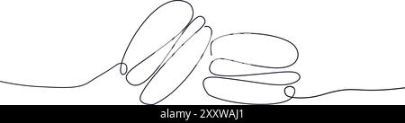 Continuous one line drawing of colorful French macaroons isolated on white background. Hand drawn macarons minimal design art, confectionery concept. Illustrazione Vettoriale