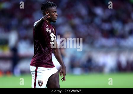 Torino, Italia. 25 agosto 2024. Duvan Zapata del Torino FC gesti durante la partita di serie A tra Torino FC e Atalanta BC. Crediti: Marco Canoniero/Alamy Live News Foto Stock