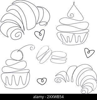 Illustrazione vettoriale del set di disegni disegnati a mano di Pastry Food, vari disegni di linee di pasticceria, contenenti croissant e cupcake. Macaron isolato su bianco, per bambini Illustrazione Vettoriale