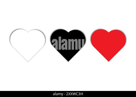 Vettore icone cuore. Cuori bianchi, neri e rossi. Design piatto minimalista. Effetto ombra sottile. Illustrazione Vettoriale