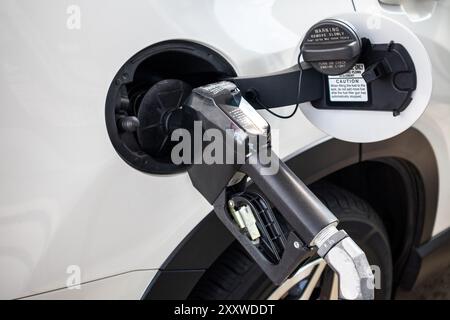 Pompaggio di benzina in una stazione di servizio Foto Stock