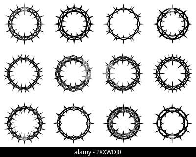 Set di icone corona di spine. Silhouette nera di una corona fatta di spine su sfondo bianco. Simbolo cristiano. Illustrazione vettoriale Illustrazione Vettoriale