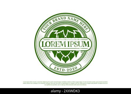 Rotondo circolare Old Vintage Green Hop per birra artigianale, birreria o etichetta del birrificio Logo Design Vector Illustrazione Vettoriale