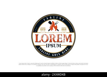 Etichetta del timbro per barbecue con griglia per barbecue d'epoca con logo e design vettoriale Illustrazione Vettoriale