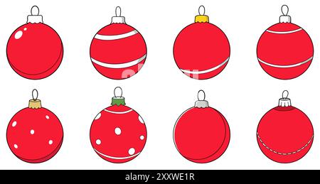 Palle di Natale. Set di palline rosse di Natale. Palle di Natale dal design piatto. Illustrazione vettoriale. Illustrazione Vettoriale