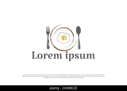 Piatto cucchiaio e forchetta con pane e uovo lato soleggiato per colazione Cafe Restaurant Logo Design Vector Illustrazione Vettoriale