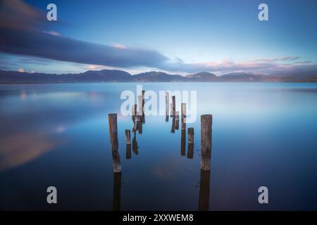 Pali nel lago, resti di un molo di legno. Fotografia a lunga esposizione. Lago Massaciuccoli. Torre del Lago Puccini, Versilia, regione Toscana, Italia, EU Foto Stock
