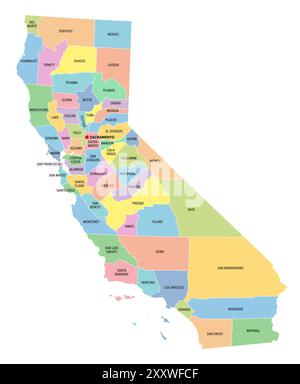 California, stato degli Stati Uniti, mappa politica multicolore con confini, nomi di contea e la sua capitale Sacramento. Stato negli Stati Uniti occidentali. Foto Stock