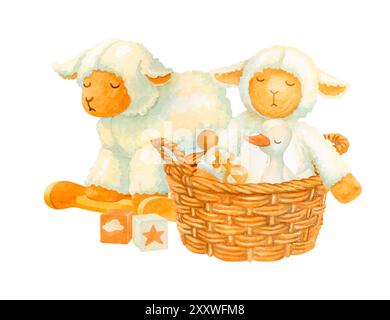 Elemento interno del vivaio. Composizione acquerello di agnello a dondolo e cesto di vimini con peluche: Pecora e gosling. Illustrazione isolata Foto Stock