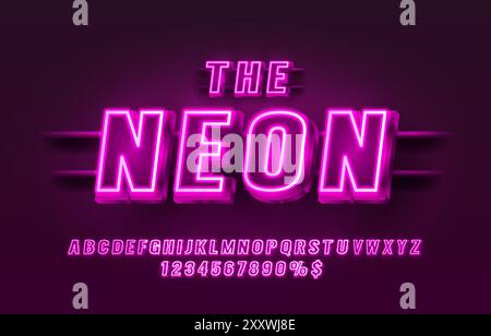 Colore neon della città, carattere viola. Alfabeto inglese e segni numerici. Vettore Illustrazione Vettoriale