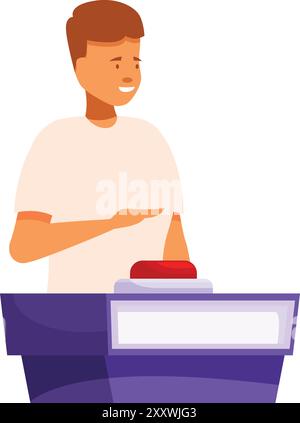 Il giovane partecipa a un quiz show, premendo un pulsante rosso per rispondere a una domanda Illustrazione Vettoriale