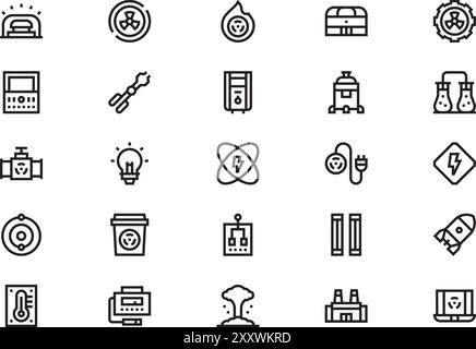 La raccolta di icone di energia nucleare è un'illustrazione vettoriale con tratto modificabile. Illustrazione Vettoriale