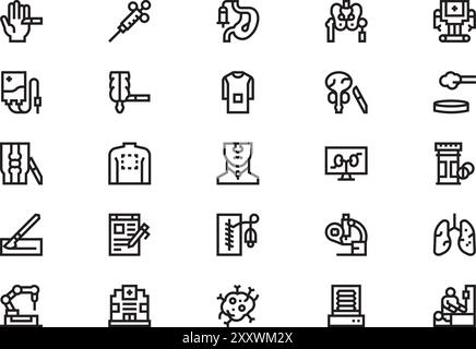 La raccolta di icone chirurgiche è un'illustrazione vettoriale con ictus modificabile. Illustrazione Vettoriale