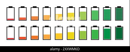 Indicatore di carica della batteria processo da 0 a 100 icone impostate in stile colorato. Serie di indicatori del livello di carica della batteria verticali. Simboli degli indicatori della batteria. Illustrazione Vettoriale