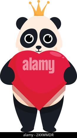 Un simpatico panda con una corona regala un grande cuore rosso, simboleggia l'amore, l'affetto e il fascino reale Illustrazione Vettoriale