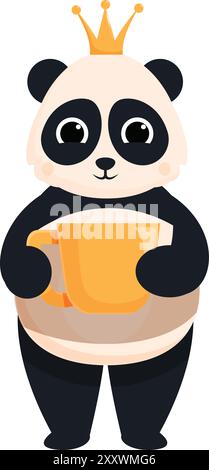 Un panda cartoni animati che indossa una corona d'oro e tiene in mano una grande tazza arancione Illustrazione Vettoriale