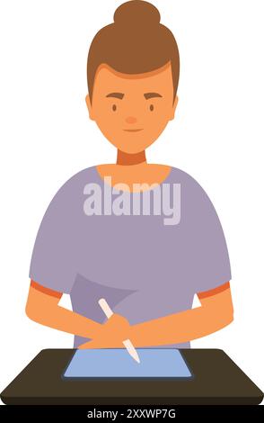 Una giovane designer femminile sta utilizzando un tablet digitale e una penna stilo, creando illustrazioni per un nuovo progetto Illustrazione Vettoriale