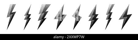 Collezione di icone Lightning bolt. Simbolo flash tratteggiato, thunderbolt. Semplice segno di fulmine. Ombreggiatura a punti, disegno. Illustrazione vettoriale Illustrazione Vettoriale
