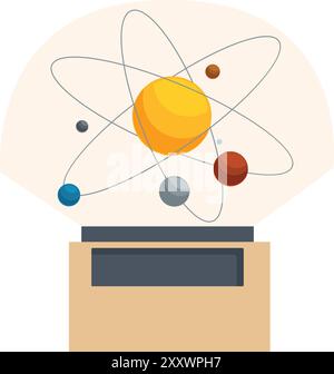 Modello del sistema solare con pianeti che ruotano intorno al sole in mostra in un museo Illustrazione Vettoriale
