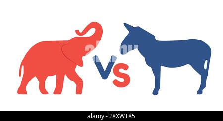 Campagna elettorale. Elezioni 2024 in USA., illustrazione piatta dei partiti che rappresentano il segno. Asino blu e elefante rosso come mascotte. Illustrazione vettoriale Illustrazione Vettoriale