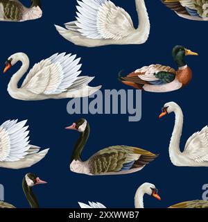 Motivo senza cuciture con cigno bianco e anatra. Vettore. Illustrazione Vettoriale