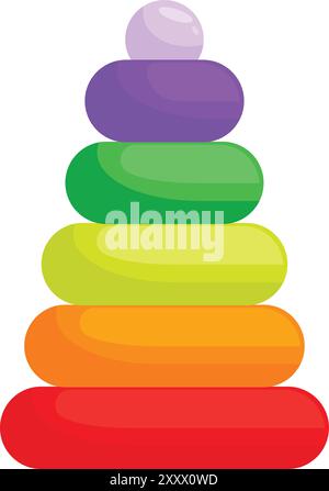 Classico giocattolo per bambini con anelli colorati impilati in ordine di grandezza, che offre intrattenimento e promuove l'apprendimento precoce Illustrazione Vettoriale