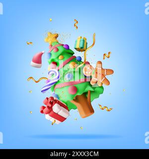 Albero di Natale decorato in 3D. Illustrazione Vettoriale