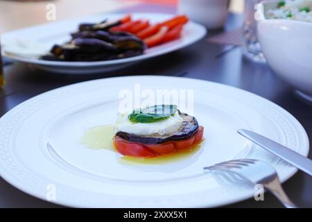 Insalata caprese con pomodoro, mozzarella e melanzane, vista dall'alto Foto Stock