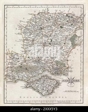 Una mappa vintage del XVIII secolo raffigura la contea inglese dell'Hampshire Inghilterra Regno Unito e le sue regioni circostanti, con i dettagli di città, strade e caratteristiche geografiche. Isola di Wight Foto Stock