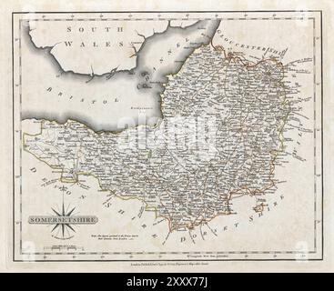 Una mappa vintage del XVIII secolo raffigura la contea inglese del Somerset o Somersetshire Inghilterra Regno Unito, e le sue regioni circostanti, con i dettagli di città, strade e caratteristiche geografiche. Foto Stock