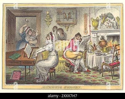 Una stampa umoristica a fumetti incisione colorata di armoniche matrimoniali, acquerello inciso su carta caricature umane umorismo georgiano del XVIII secolo creato da James Gillray antica opera d'arte satirica a stampa d'epoca Foto Stock