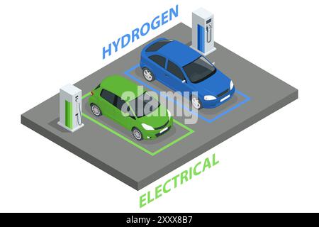 Trasporto alimentato a carburante con idrogeno isometrico. Stazione di ricarica per autovetture a idrogeno con distributori per veicoli H2. Energia verde. Stazione di idrogeno Illustrazione Vettoriale