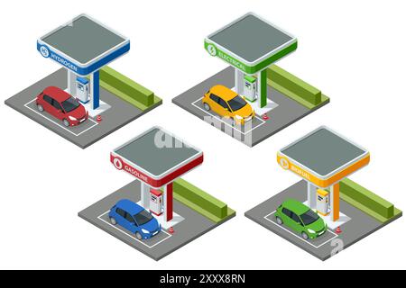 Trasporto alimentato a carburante con idrogeno isometrico. Stazioni di idrogeno, elettriche, benzina e biocarburanti. Carburanti alternativi. Carburante ecologico per benzina Illustrazione Vettoriale