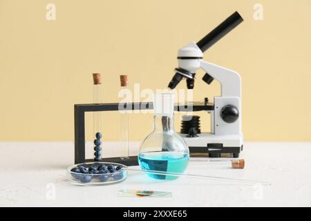 Vetreria da laboratorio professionale con microscopio e mirtilli in piastra Petri sul tavolo vicino alla parete gialla Foto Stock