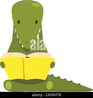 Cartoon dinosauro è seduto e tiene in mano un libro giallo, sembra molto interessato a quello che sta leggendo Illustrazione Vettoriale