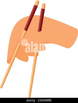 La mano regge con cura un paio di bacchette di legno, pronte a gustare un delizioso pasto asiatico Illustrazione Vettoriale