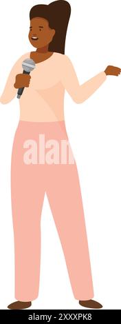 La speaker femminile sorridente di colore nero sta offrendo una presentazione tenendo in mano un microfono Illustrazione Vettoriale