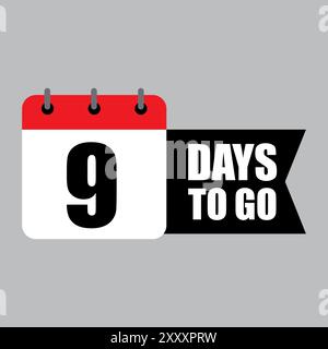 Icona calendario conto alla rovescia. Grassetto numero nove. 9 giorni prima. Design rosso, nero e bianco. Illustrazione Vettoriale