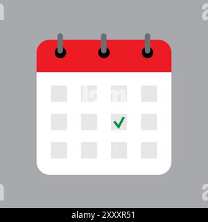 Vettore icona calendario. Design testata rosso. Dettaglio segno di spunta verde. Sfondo grigio. Illustrazione Vettoriale