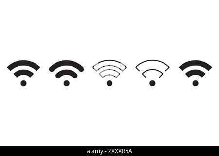 Icone del segnale Wi Fi. Simboli della connessione wireless. Variazioni in bianco e nero. Icone di comunicazione vettoriale. Illustrazione Vettoriale