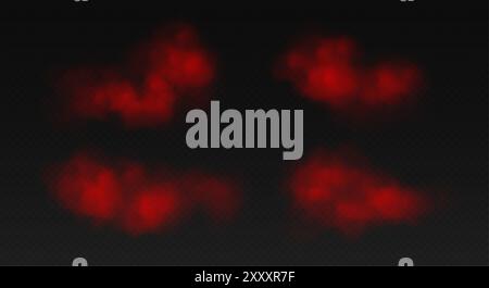 Fumo rosso, nebbia colorata, smog realistico, foschia, nebbia o effetto nuvoloso. Illustrazione Vettoriale