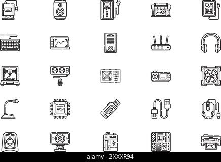 La raccolta di icone delle periferiche del computer è un'illustrazione vettoriale con traccia modificabile. Illustrazione Vettoriale