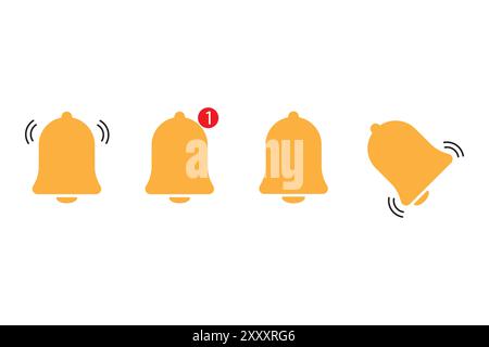 Icone della campana di notifica. Illustrazione della campana gialla. Un numero di allarme rosso. Quattro stati diversi. Illustrazione Vettoriale