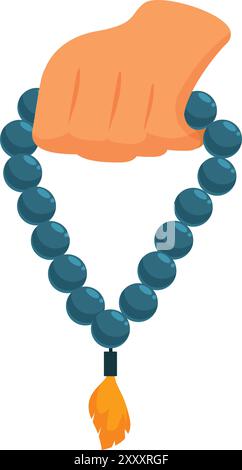 La mano regge delicatamente un filo di perle blu scuro con una nappina arancione Illustrazione Vettoriale