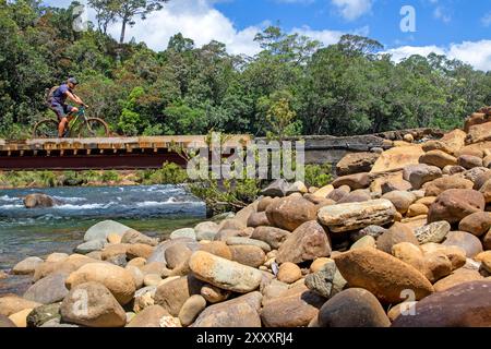 In bicicletta attraverso Pont Germain nel Blue River Provincial Park Foto Stock