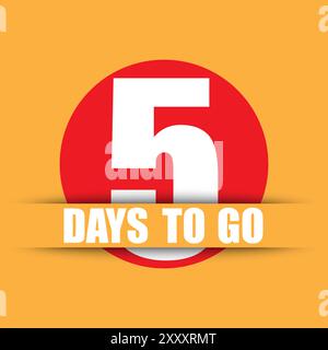 Icona del numero del conto alla rovescia. Testo in grassetto 5 giorni prima dell'inizio. Cerchio rosso su sfondo arancione. Design semplice e piatto. Illustrazione Vettoriale
